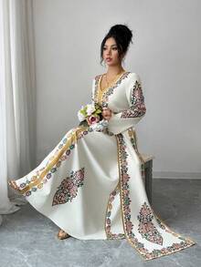 Elenzga Áo choàng dài tay cánh dơi in họa tiết Trung Đông phong cách Bohemian mùa Xuân/Hè mới, viền vàng. - Nhiều màu - Xem 3