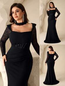 Coutiva Plus Size Women's Black Spring Elegant Formal Evening Prom Dress,Long Sleeve Sequin Mermaid Bodycon Gown,Square Neck Luxury Satin Wedding Party Dress - Black - View 6