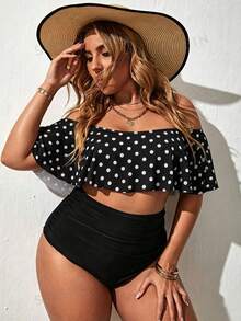 Swim Lushoire Plus Size Women Summer Beach Polka Dot Off-Shoulder Top And Triangle Bikini Swimwear Set - Black and White - View 5