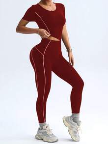 SHEIN Dewbera Bộ đồ thể thao nữ màu đen ôm sát, gồm áo tay ngắn và quần legging. - Màu Đỏ Sâu - Xem 7