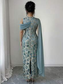 Elenzga Đầm maxi nữ bán chạy nhất, chất liệu vải jacquard vàng có họa tiết, kiểu dáng thanh lịch với khăn choàng chiffon, phù hợp cho các bữa tiệc, hẹn hò, mua sắm và nhiều dịp khác trong mùa xuân/hè. - Màu xanh lam - Xem 2