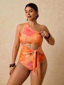 Travachic Maillot de bain une pièce à épaule asymétrique avec imprimé tropical vert, décolleté ajouré et nœud devant, grande taille. Tenue de vacances - Multicolore - Voir 6