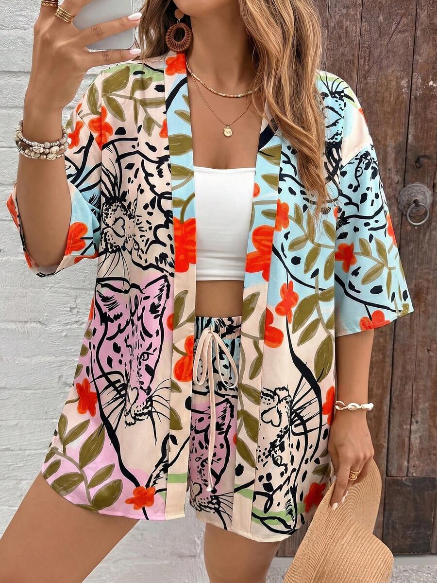 SHEIN VCAY Plus Size Women's Summer Beach Vacation Floral Print Loose Fit Kimono Top And Shorts 2-Piece Set - Multicolor - View 1