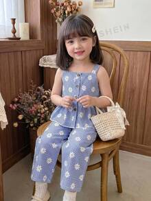 SHEIN Elladie kids 女孩格紋雛菊印花套裝，藍色與白色方領細肩帶上衣與寬腿長褲，夏季家庭度假套裝，2件組 - 淺藍色 - 查看 8