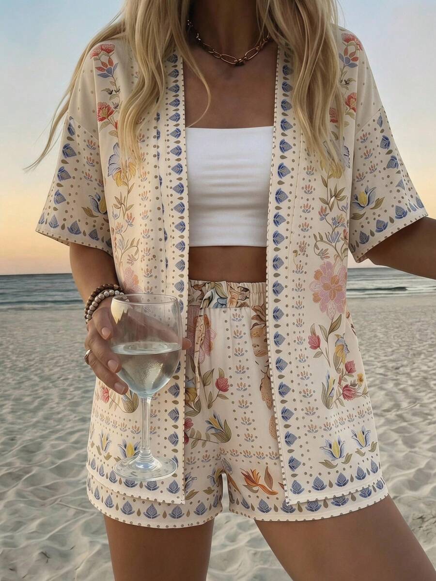 Vivid Eden Women's Summer Boho Tropical Floral Print 2 Pieces Set Open Front Kimono Top And Drawstring Shorts Outfits Beige Beach Vacation Holiday Outfits - Apricot - View 1