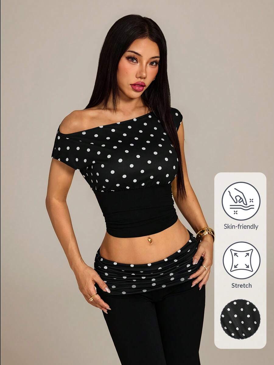 SHEIN PETITE Blusa corta y ajustada con cuello asimétrico y estampado de lunares retro elegante para mujer, de verano