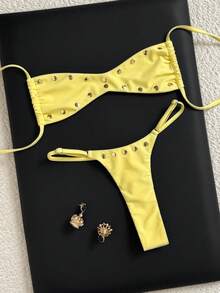 Swim Vcay 2026夏季新款女款亮黃色水鑽比基尼套裝，無肩帶上衣搭配高衩三角泳褲，2件式優雅休閒泳裝，適合海邊度假 - 淡黃色 - 查看 2