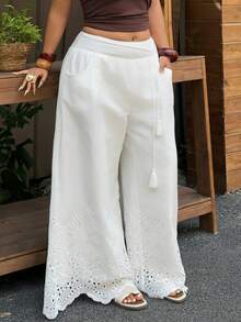 Dazy Plus Plus Size Women's White Vacation Style Wide Leg Pants With Contrast Lace, Casual Long Trousers For Spring And Summer - White - View 8