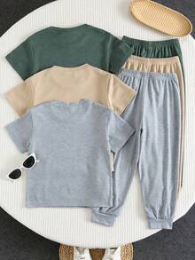 SHEIN 3件套男童休闲日常通勤运动简约纯色印花装饰短袖T恤和慢跑裤套装 - 彩色 - 查看 3