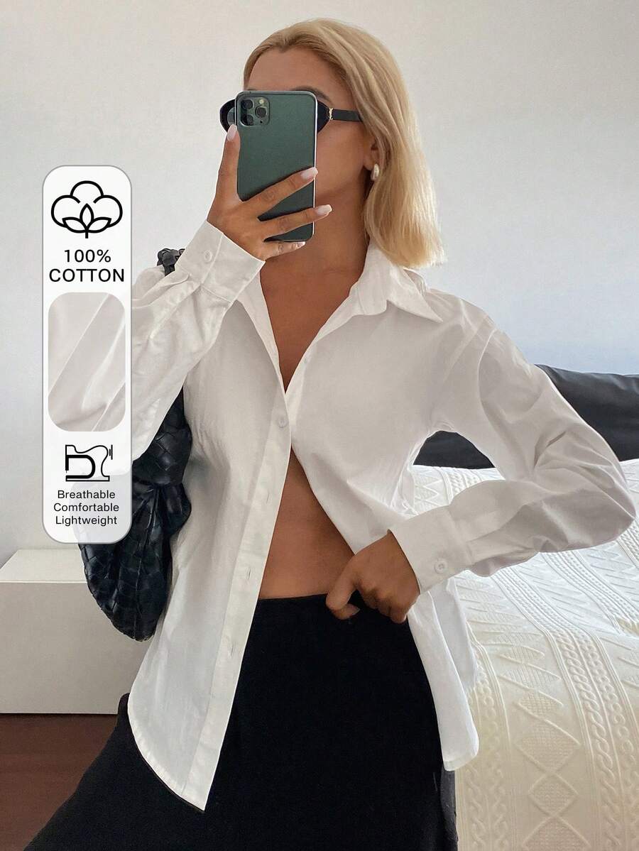 DAZY Women's Solid Color Single-Breasted Casual/Work Long Sleeve Shirt - Beige - View 1