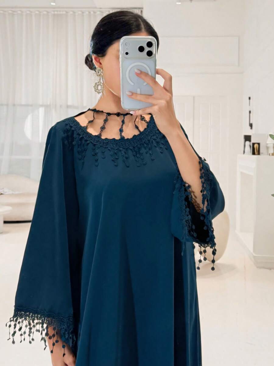 Yasmyna Damen Einfarbiges Lässiges Luftiges Arabischer Stil Party Kleid - Taubenblau - Übersicht 1