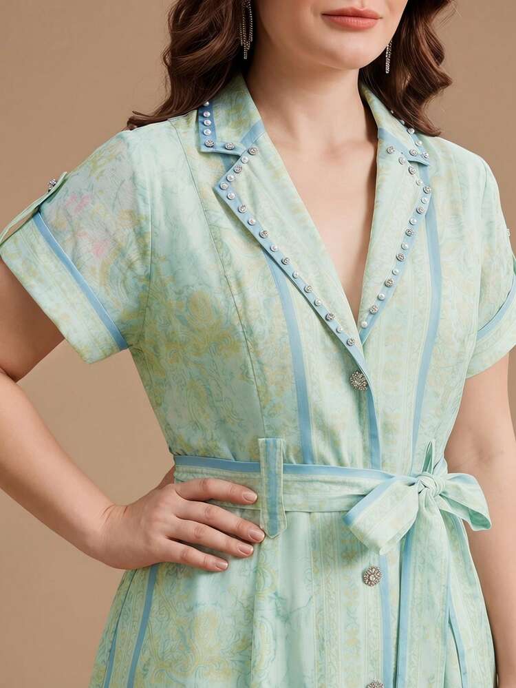 Spring/Summer Elegant Light Green V-Neck Short Sleeve Tie Waist Midi Boho Vacation Dress, Plus Size