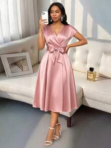 SHEIN Lady Đầm hồng thanh lịch cổ chữ V chéo tay ngắn dành cho nữ - Hồng - Xem 7