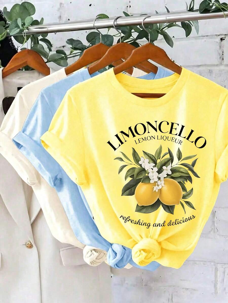 EMERY ROSE LIMONCELLO 女士柠檬印花休闲T恤,亮丽的柠檬色和充满活力的色彩,洋溢着夏日阳光和活力,是完美的节日礼物。这款T恤还能修饰身材! - 黃色 - 查看 1