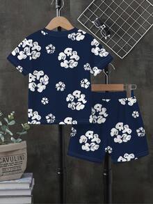 1 Set Conjunto de camiseta blanca con estampado floral y pantalones cortos de niño, estilo casual y de moda, uso diario cómodo, estilo casual de calle de verano - Multicolor - Ver 2