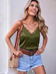 Easowa Atasan Wanita Model Camisole dengan Renda Kontras Warna Polos, Atasan Musim Panas - Olive Green - View 4