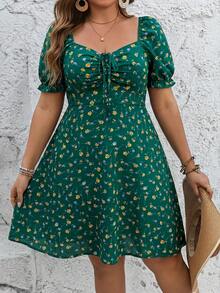 SHEIN VCAY Plus Size Women's Black Floral Heart Neck Sundress, Front Drawstring Short Sleeve Mini Dress - Green - View 5