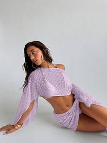 Aloruh Women's Summer Lavender Casual 2-Piece Set,Jacquard Shawl Top And Wrap Mini Skirt,Beach Holiday Vacation Swimwear Cover Ups Bathing Suits - Mauve Purple - View 6