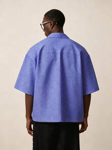 STYNVO Men's Letter Plaid Print Short Sleeve Single-Breasted Casual Pocket Shirt Vacation Blue And White Summer - Blue - View 2
