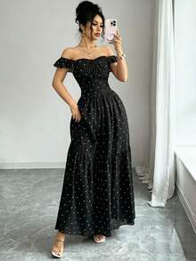 Rafferiza 女士波点印花荷叶边下摆优雅连衣裙，春夏款 - 黑與白 - 查看 5
