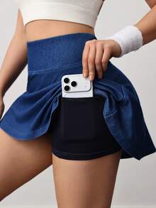 Activina Damen Tennisrock mit hoher Taille, elastischem Strick und Handytasche, lässiges Sportkleid für den Alltag - Dunkle Waschung - Übersicht 5
