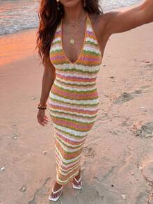 Nevyona Sexy V-Neck Bodycon Dress, Colorful Wavy Knit Tight Fit Dress - Multicolor - View 3