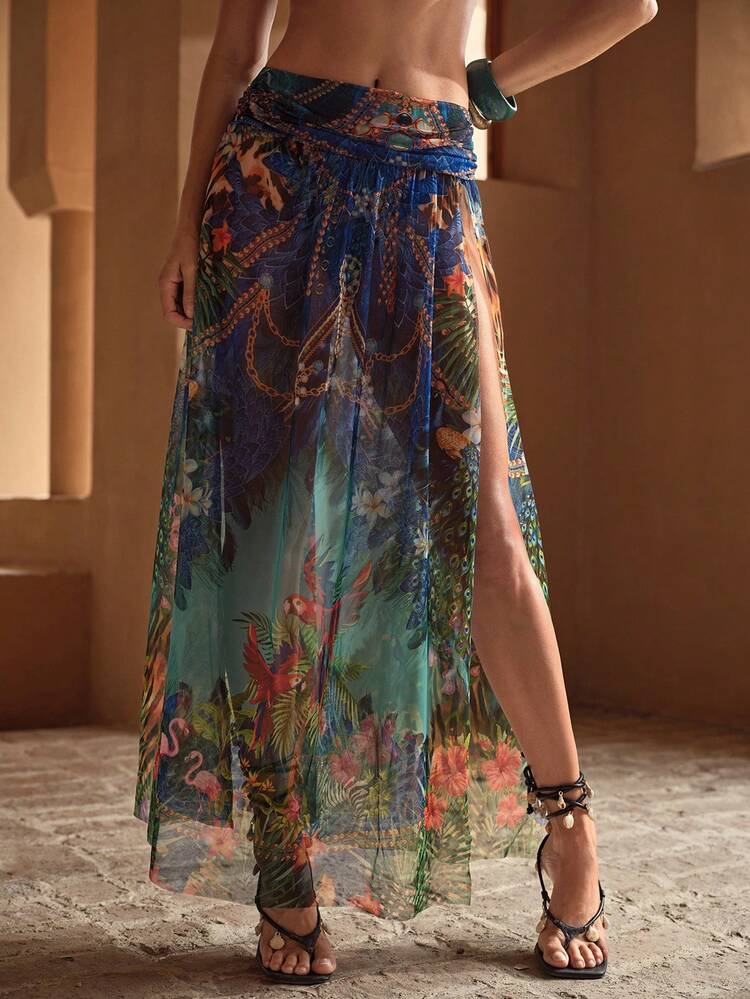 MULTICOLOR PRINTED LUXURY PRINTED MESH SWIMSUIT COVER-UP & SKIRT SET
