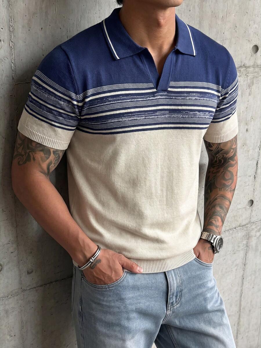 JOLTRO V领撞色男士针织Polo衫,渐变条纹短袖毛衣,夏季休闲通勤百搭针织上衣 - 杏色 - 查看 1