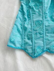 Soleia 女款藍色花卉蕾絲抹胸束腰上衣，鏤空刺繡修身款，夏季優雅度假度假穿搭 - 藍色 - 查看 5
