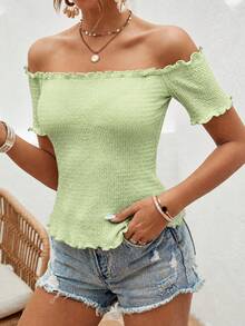 SHEIN VCAY Women's Vacation Solid Color Ruffle Off-Shoulder Short Sleeve T-Shirt,Summer Top - Mint Green - View 6