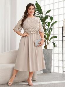 SHEIN Clasi Plus Size Women Solid Color Pleated Casual Party Dress - Khaki - View 6