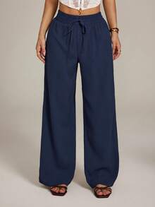 SHEIN PETITE Women Solid Color Tie Waist Straight Loose Casual Pants Winter Blue Spring - Navy Blue - View 5