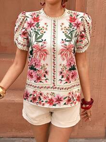SHEIN Flora Isola 女士春夏休闲几何刺绣镂空花瓣袖圆领短袖衬衫 - 彩色 - 查看 3