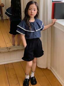 DAZY Young Girls Contrast Color Ruffle Trim Casual Korean Style Short Sleeve Blouse, Spring/Summer - Black - View 6