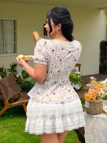 FleurLily Plus Size Women Floral Pattern Short Puff Sleeve Fashionable Blouse - Multicolor - View 2