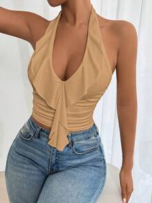 SHEIN Allurite Khaki Color Sexy V Neck Halter Neck Ruched Top,Women Birthday Top ,Basic Top,Going Out Top,Party Must Have,Streetwear,Summer Top,Date Top,Vacation Outfit,Casual Knit Top,Zoo Outfits Women,Body Tops For Ladies - Khaki - View 3