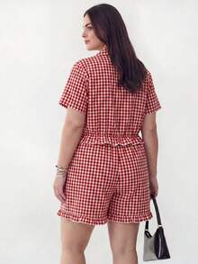Solavibe Plus Size Women Plaid Short Sleeve Ruffle Hem Shirt Romper Vacation Summer 1950s Vintage - Red - View 2