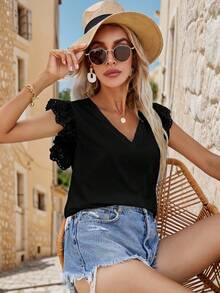 SHEIN Frenchy Áo thun nữ cổ chữ V tay bồng màu trơn kiểu dáng thường ngày - màu đen - Xem 4