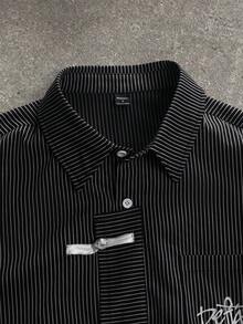 Manfinity EMRG Kemeja Lengan Pendek Bergaris Kasual Pria, Musim Panas - Hitam - View 4