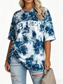 EMERY ROSE Áo thun nữ cỡ lớn, kiểu dáng thường ngày, in chữ New York và họa tiết nhuộm tie-dye, tay ngắn, cổ tròn, dáng rộng, dài đến đầu gối. - Nhiều màu - Xem 3