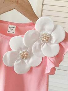 SHEIN Young Girl Summer Casual Vacation Sweet Cute Solid Color Faux Pearl 3D Floral Ruffle Armhole T-Shirt - Pink - View 2