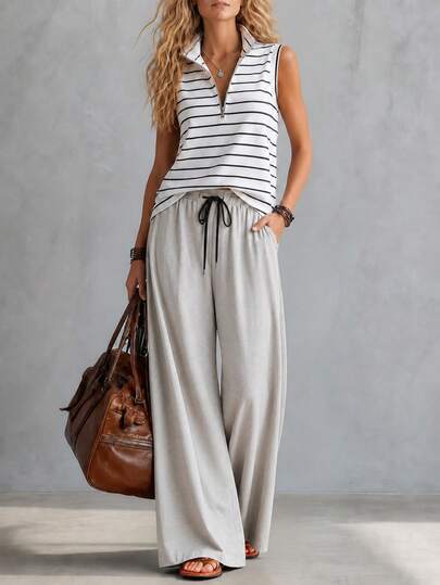 Balvessa 2026 Summer New Fashion Casual Classic Colorblock Striped Sleeveless Tank Top, Half Zip Crew Neck Knit Sweater, Versatile Slimming Black & White Striped Tank Top, Classic Collegiate Casual Blouse, Suitable For Work Commute, Daily Wear, Vacation, Street Style