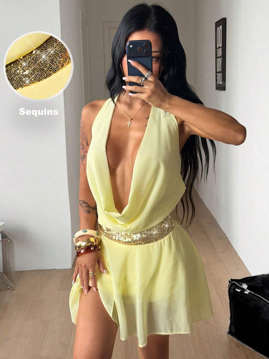 Coolane Looks de férias de verão para mulheres, looks de praia, férias tropicais, festa, estilo vintage chique, vestido curto amarelo claro com decote halter. - Ganso amarelo - Ver 1