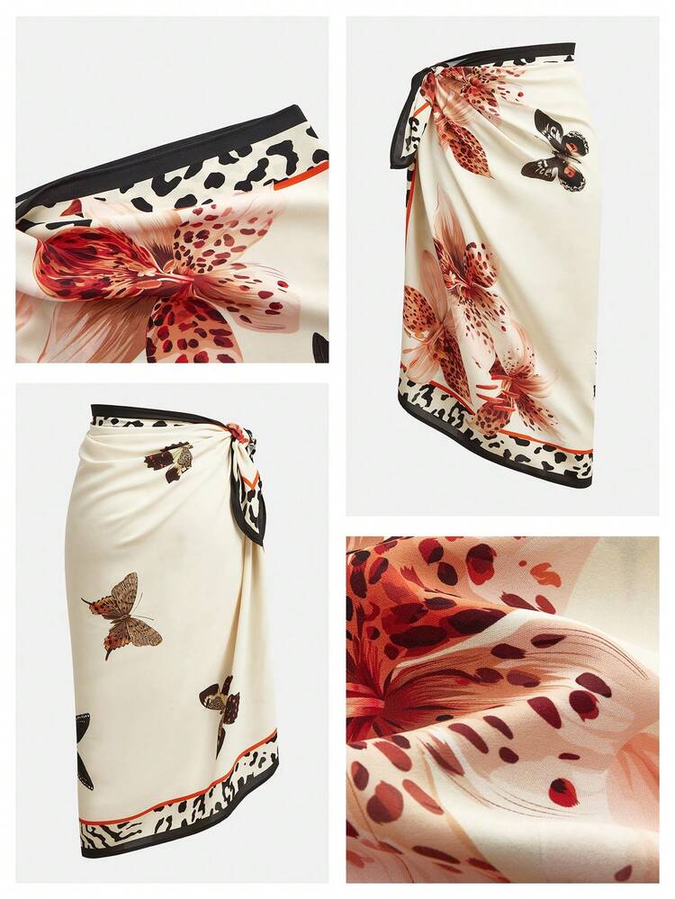 SHEIN Maija Women's Beige Summer Boho Butterfly & Floral Leopard Print Tie-Up Skirt,Beach Vacation Holiday Outfits,Elegant Festival Country Clothing