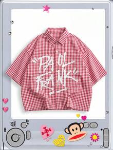 ROMWE MEN Paul Frank X ROMWE Áo sơ mi nam tay ngắn kẻ caro và in chữ - Đỏ và trắng - Xem 2