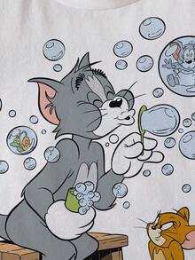 TOM & JERRY X SHEIN 男童休闲时尚街头日常通勤趣味卡通字母印花短袖T恤，夏季 - 白色 - 查看 4