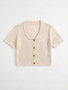 lacRébo Beige Crochet Knit Short Sleeve Button Front Top With Oversized French Sexy Beaded Cute Collar Boho Vintage Autumn Holiday Cotton Golf Brunch - Apricot - View 6