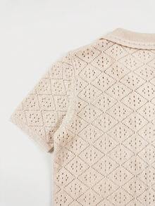 lacRébo Beige Crochet Knit Short Sleeve Button Front Top With Oversized French Sexy Beaded Cute Collar Boho Vintage Autumn Holiday Cotton Golf Brunch - Apricot - View 9