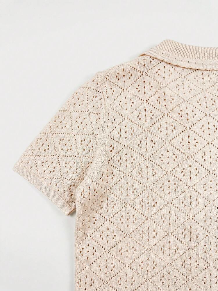 Cream Crochet Knit Short Sleeve Button Front Top With Oversized Collar Boho Vintage Spring Summer Holiday Top Summer Cotton Top French Style Vintage Top