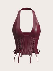 SHEIN X YERIMUA SHEIN ICON 女士纯色简约休闲 PU 皮革挂脖领扣眼装饰系带背心 Y2K 外出酒红色 V 领露肩上衣 - 酒紅色 - 查看 4